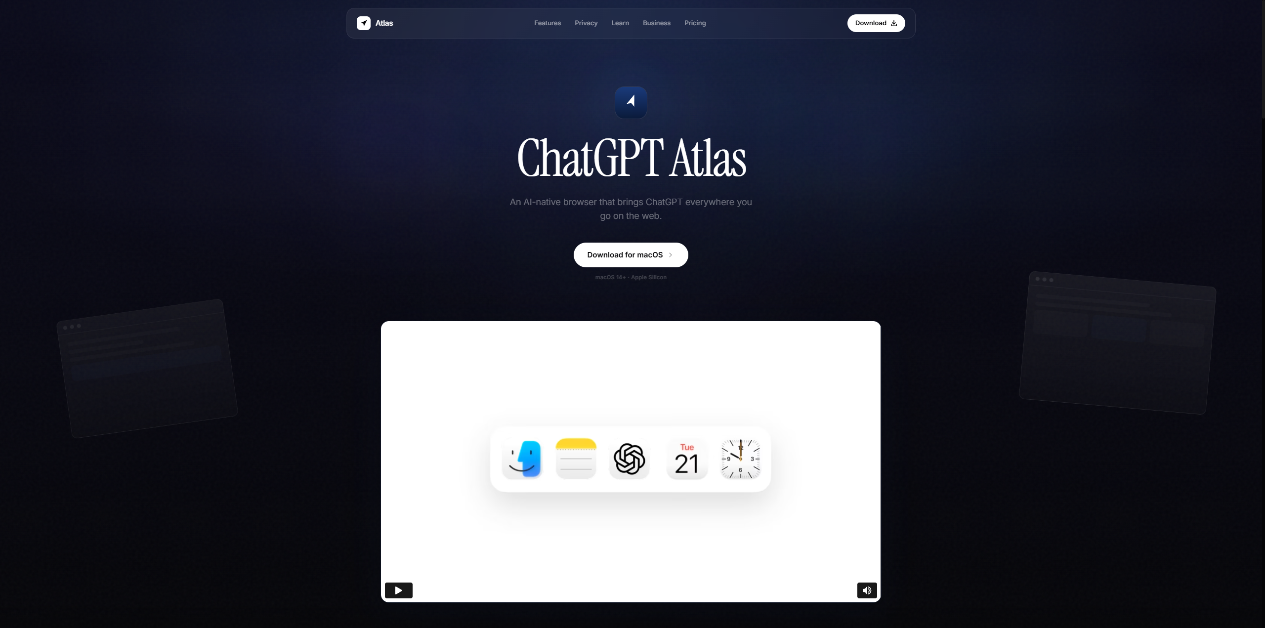 ChatGPT Atlas redesign hero showing the browser concept with macOS integration.