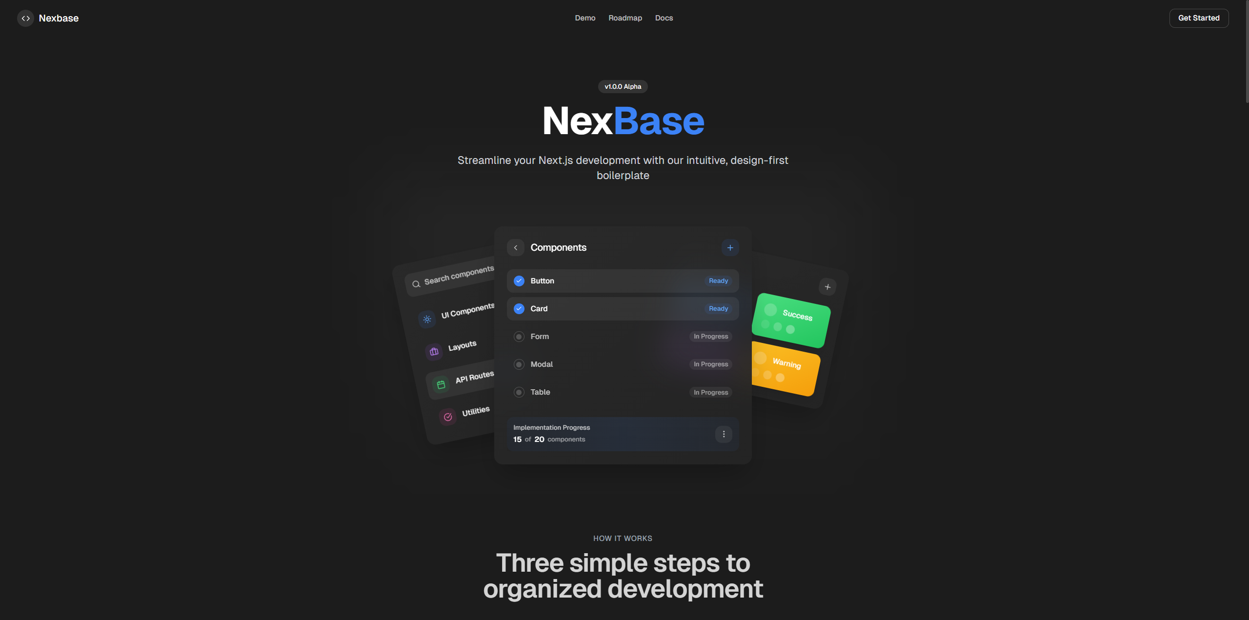 Nexbase platform website with dark theme and developer-focused interface.