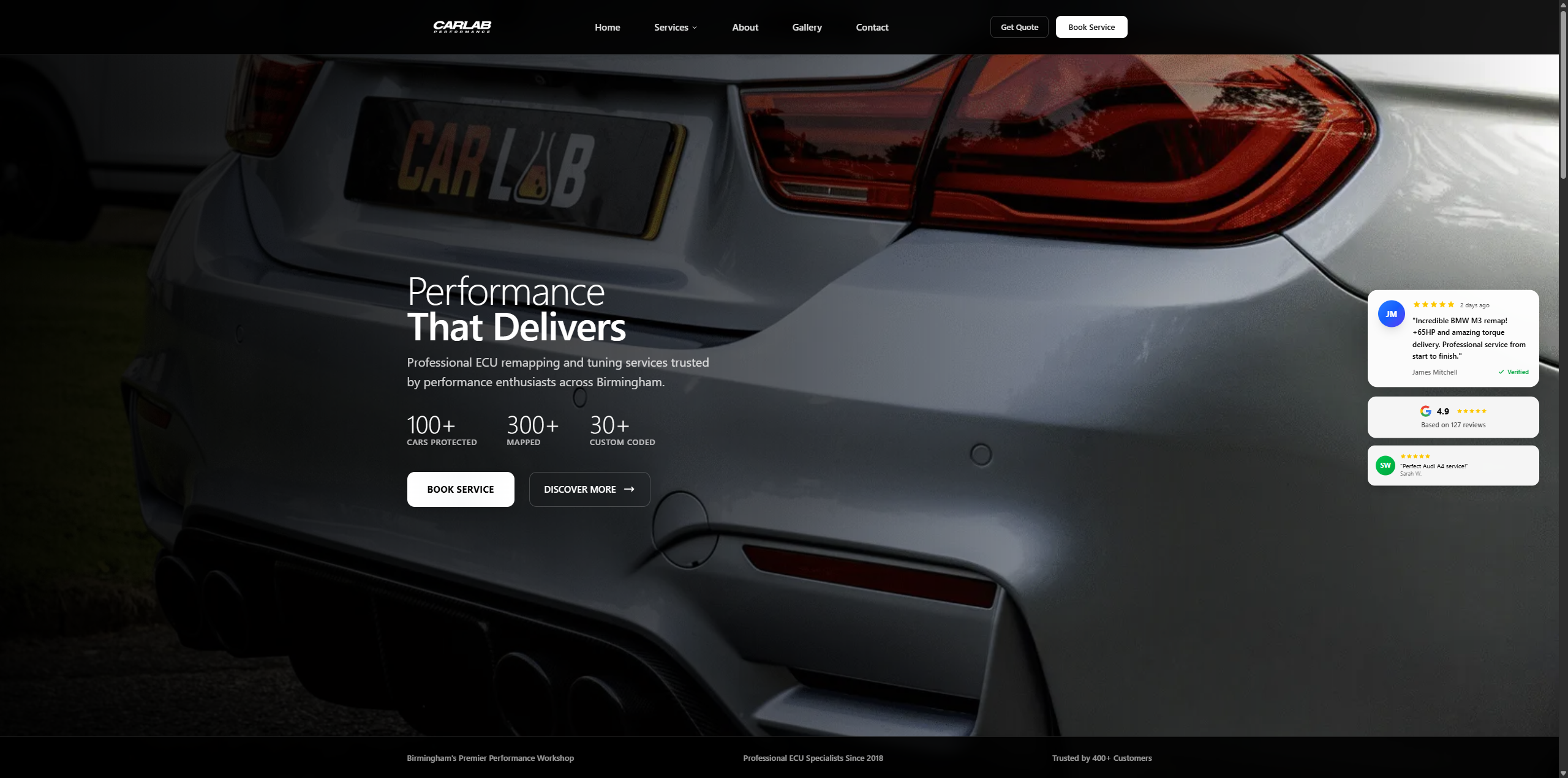 Car Lab Performance website with bold automotive visuals and dark theme.