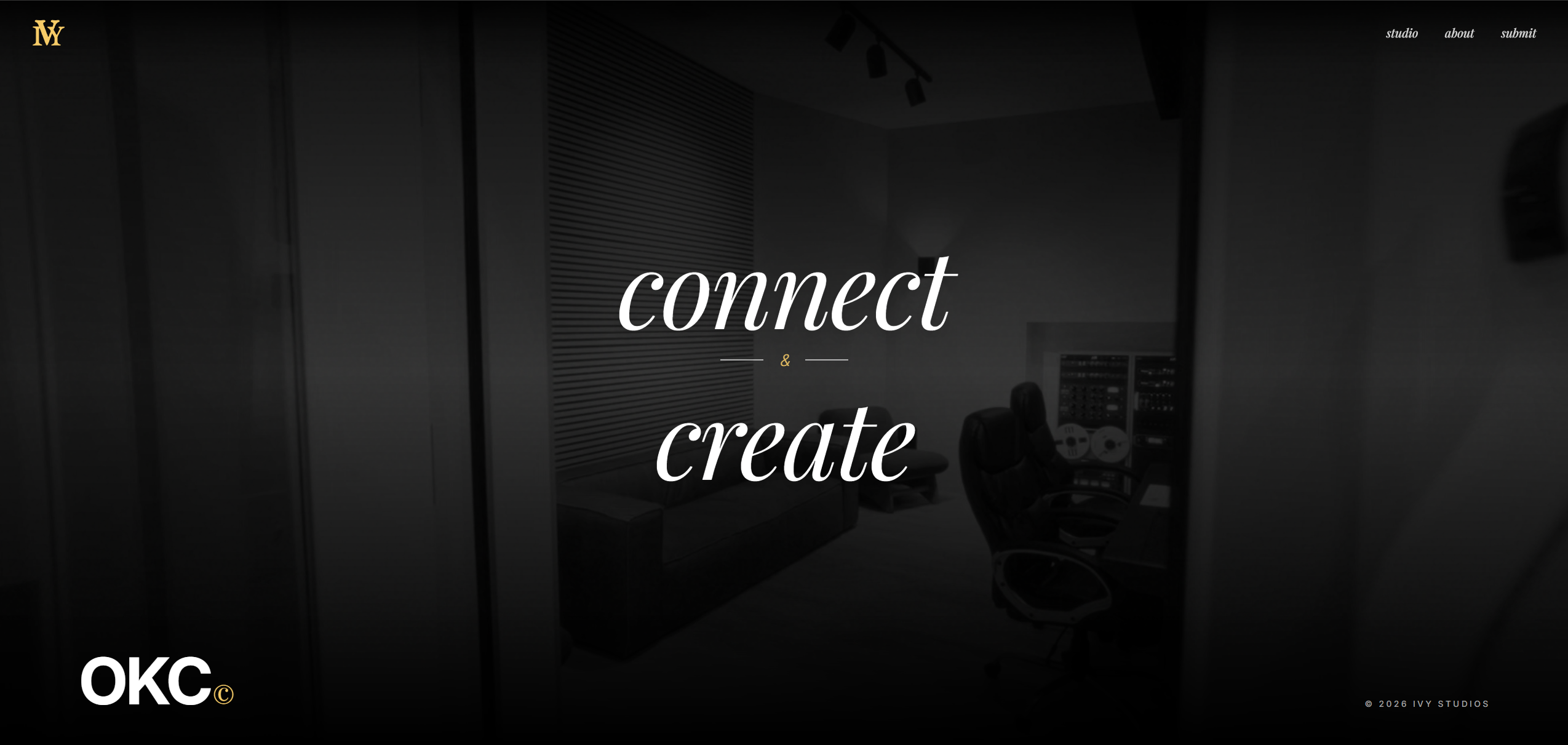 Ivy Studios concept hero with full viewport studio photography, italic serif headline, gold IVY monogram, and minimal navigation.