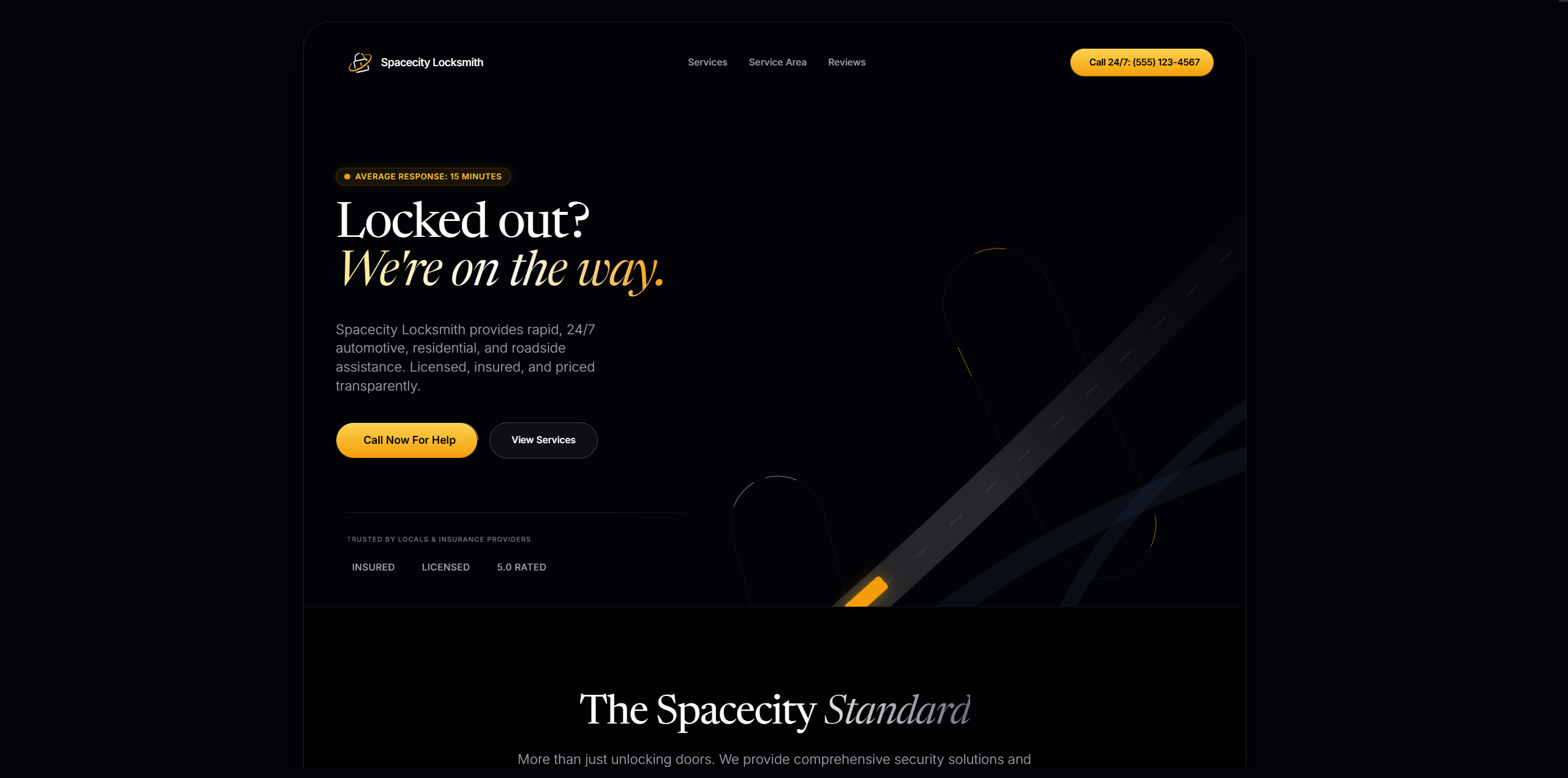 Spacecity Locksmith homepage with dark theme, gold accents, bold headline, response time badge, and locksmith tool photography.