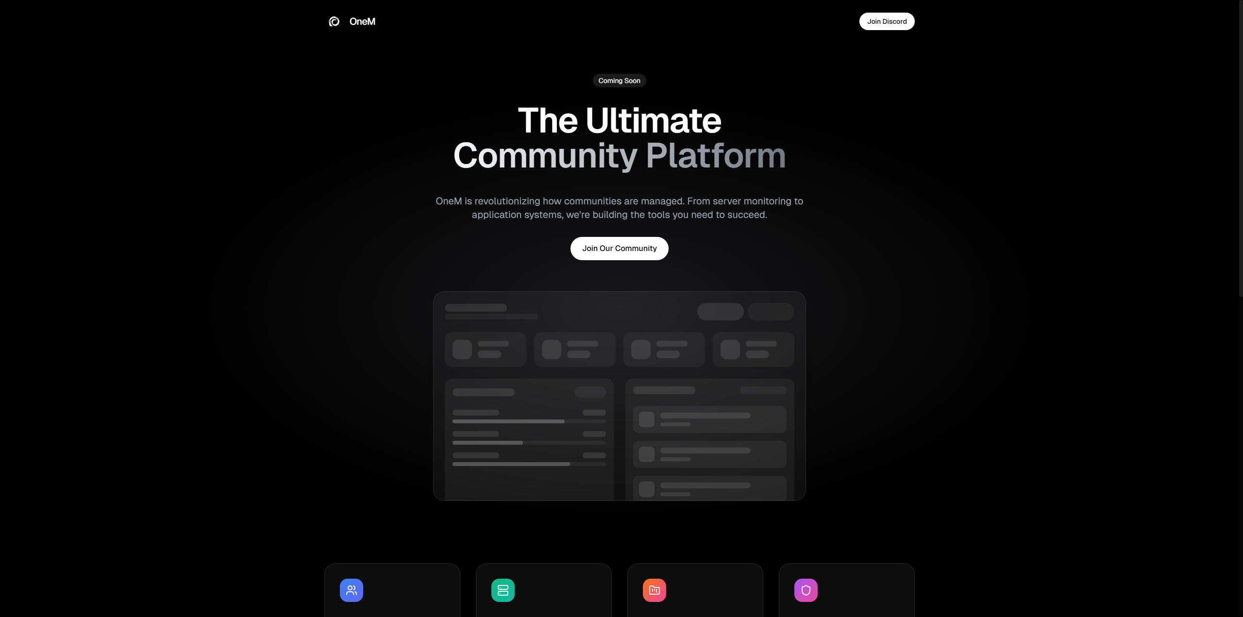 OneM platform website with clean modern layout and product interface preview.