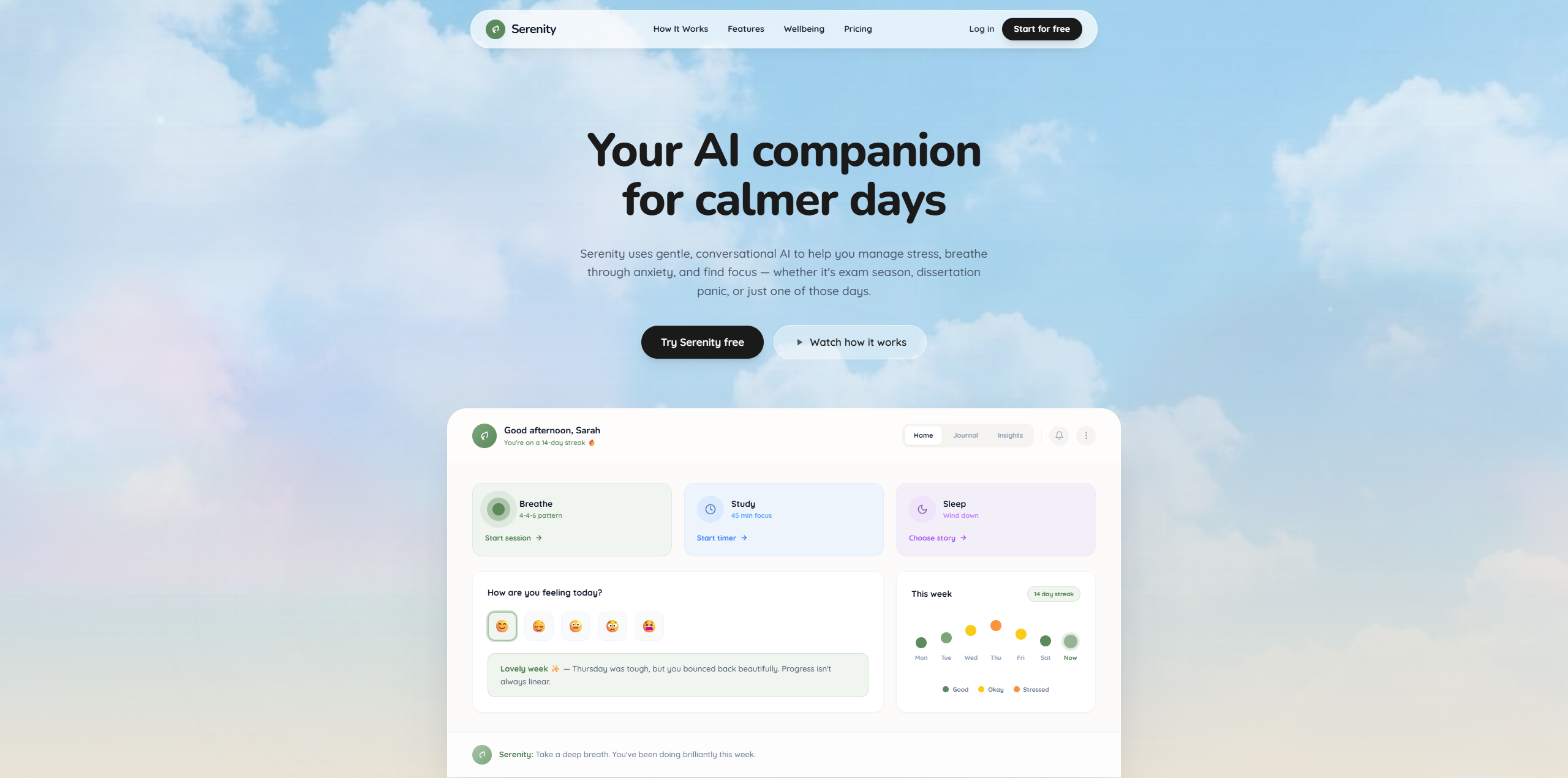 Serenity AI wellness companion hero section with dreamy sky background, warm serif headline, and app dashboard preview.