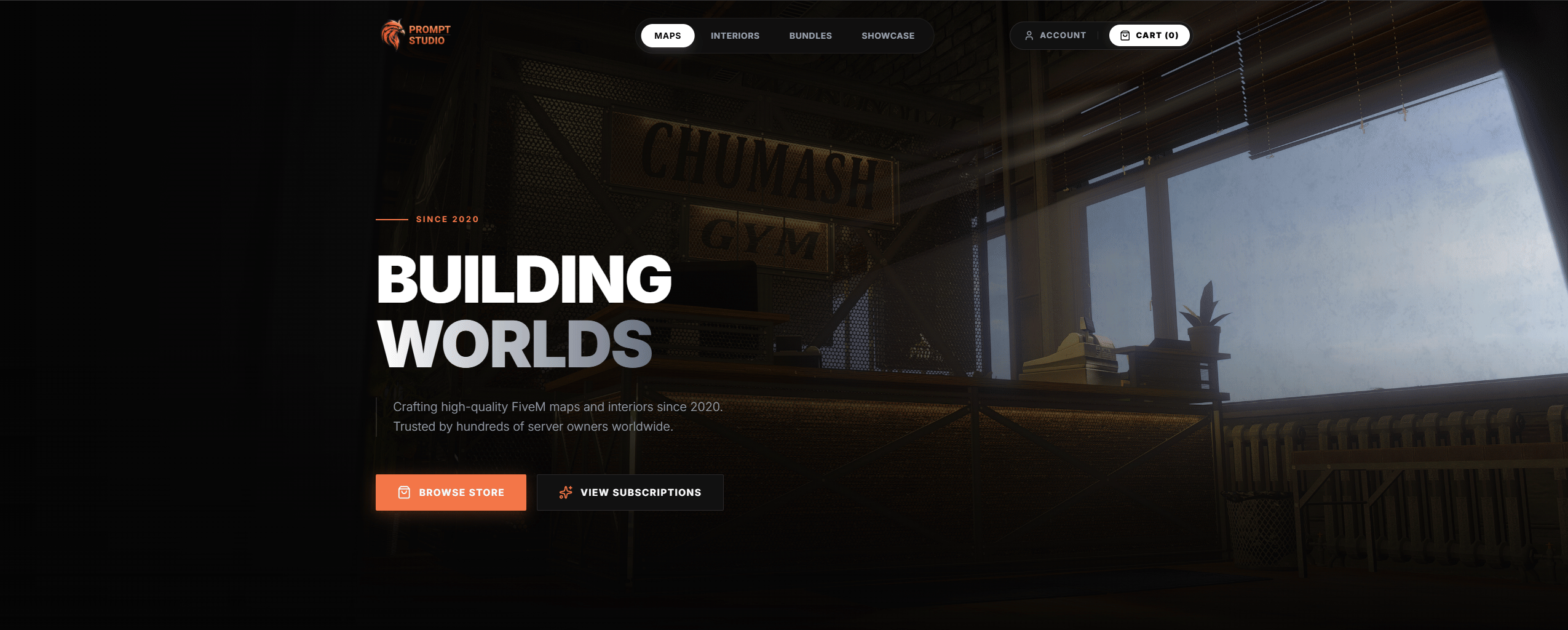 Prompt Studios store concept with dark theme, in-game FiveM restaurant interior as hero background, orange accents, and e-commerce navigation.