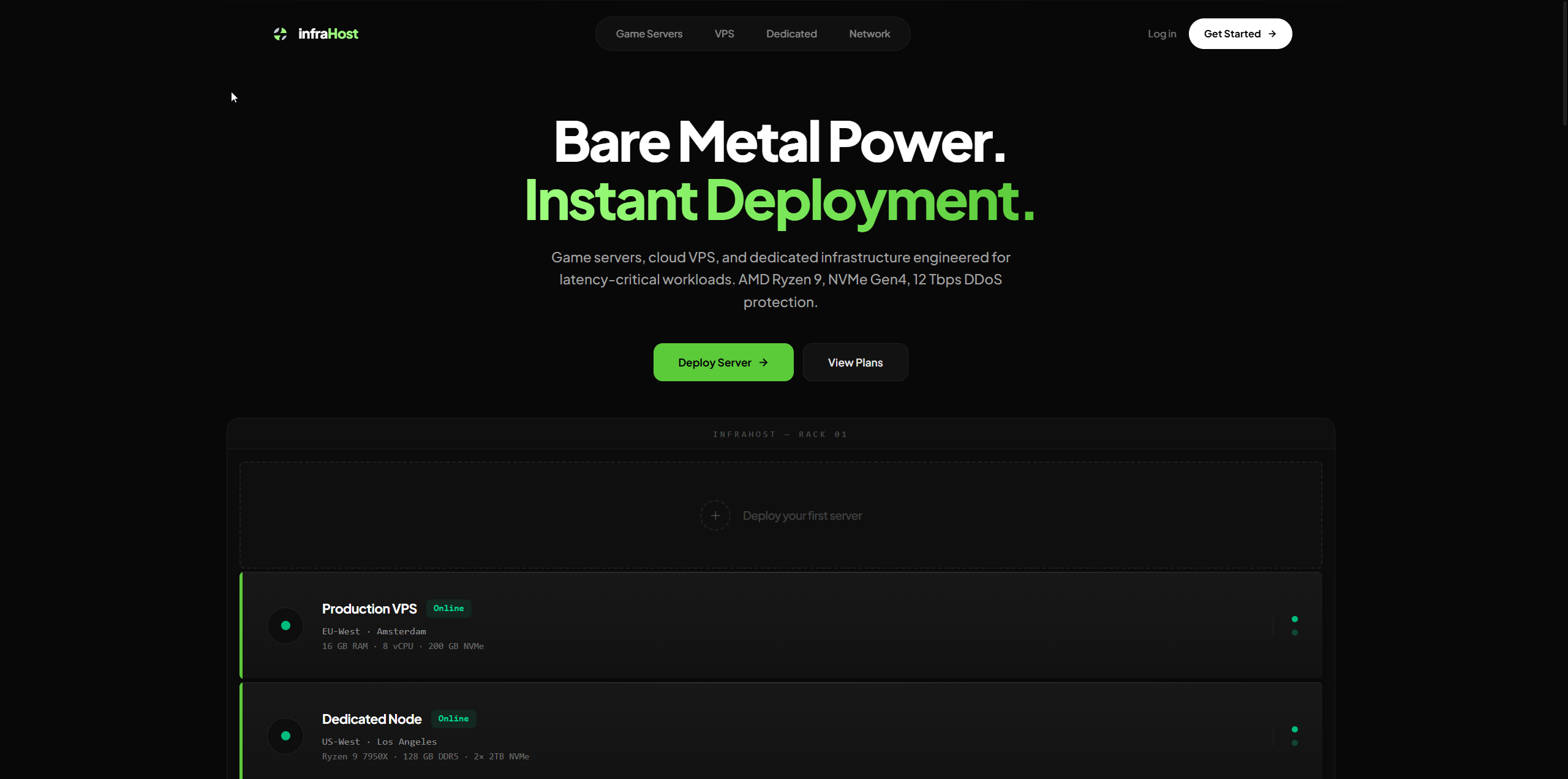 InfraHost full landing page with product features, pricing, and dark theme.