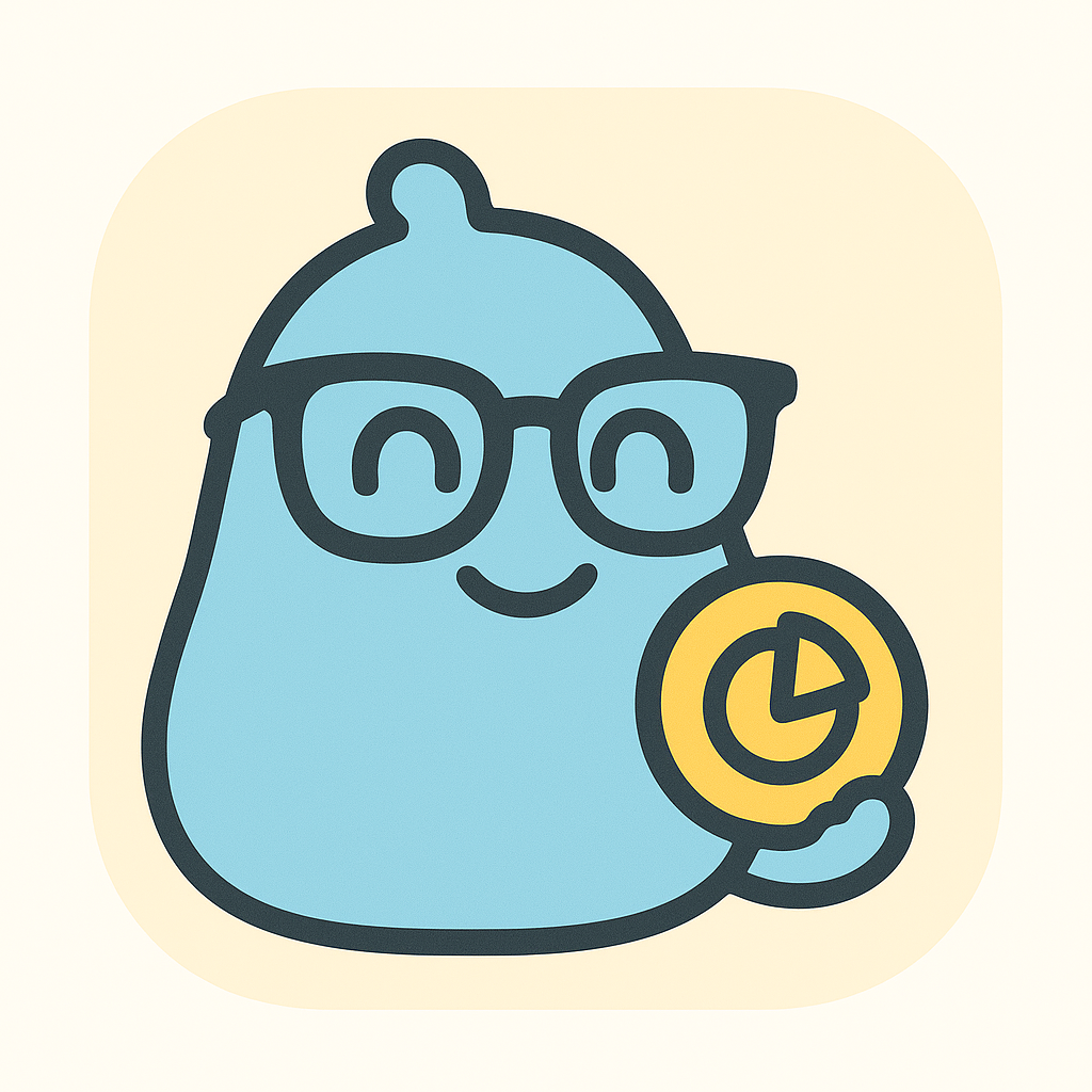 Fuugly app icon showing a friendly blue blob mascot wearing glasses and holding a gold pie chart coin on a cream background.
