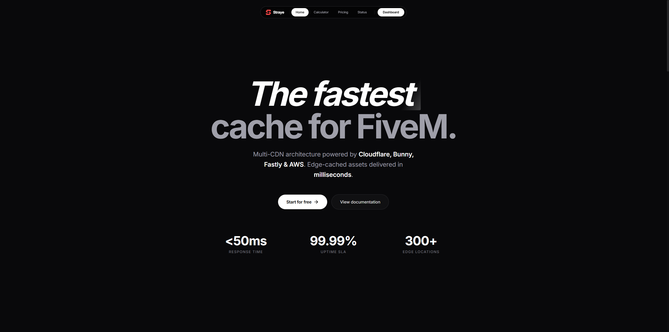Straye homepage hero with bold italic headline, floating pill navigation, performance stats, and dark theme.