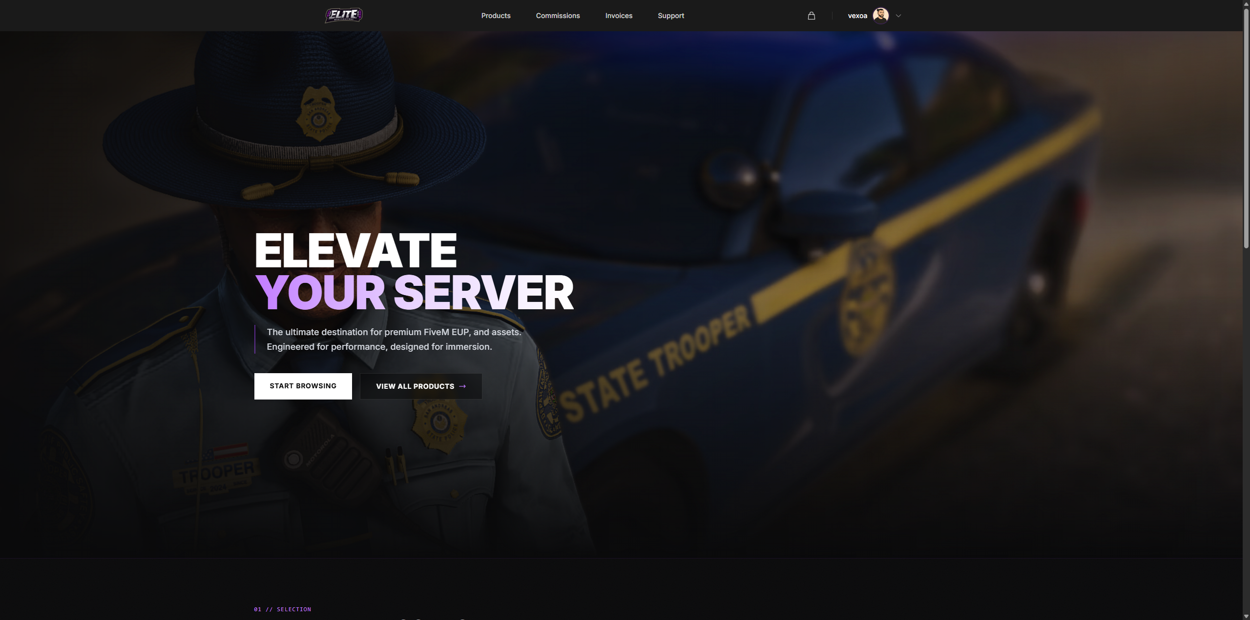 Elite Mods website with dark theme and gaming aesthetic.