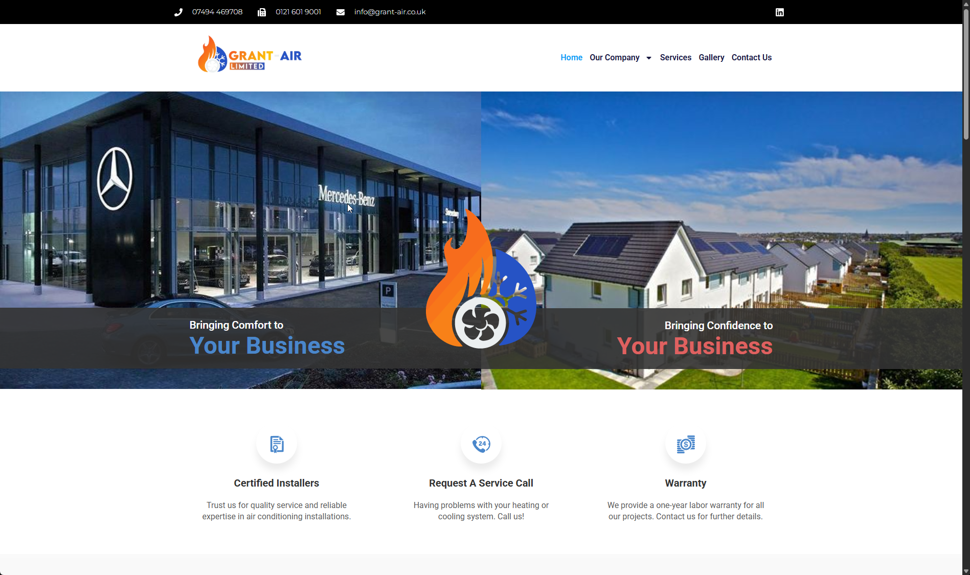 Grant Air Ltd website with professional layout and HVAC service information.