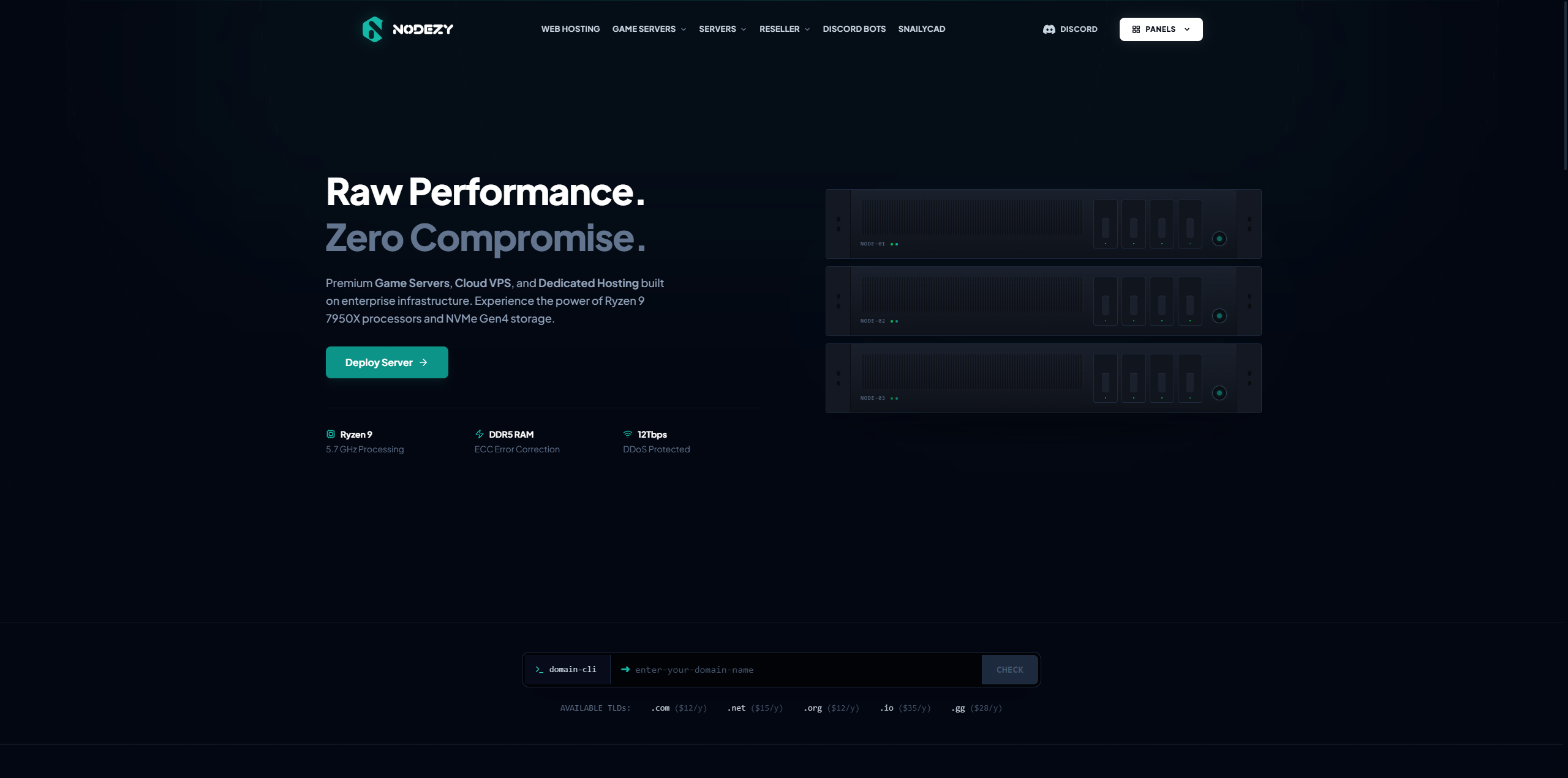 Nodezy homepage with dark theme, bold hero headline, server rack illustrations, and terminal-style domain search.